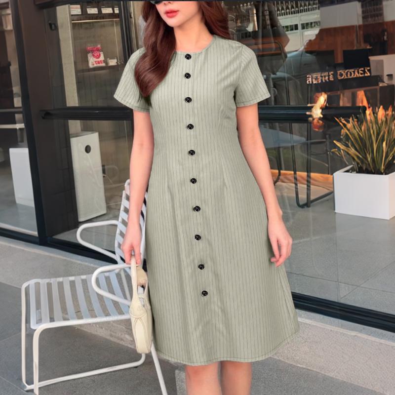 ZANZEA Women Casual Round Neck Loose Short Sleeve Stripe Dress S