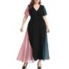 Women's Fashion Casual V-neck Collision Color Stitching Lacing Large Size Dress