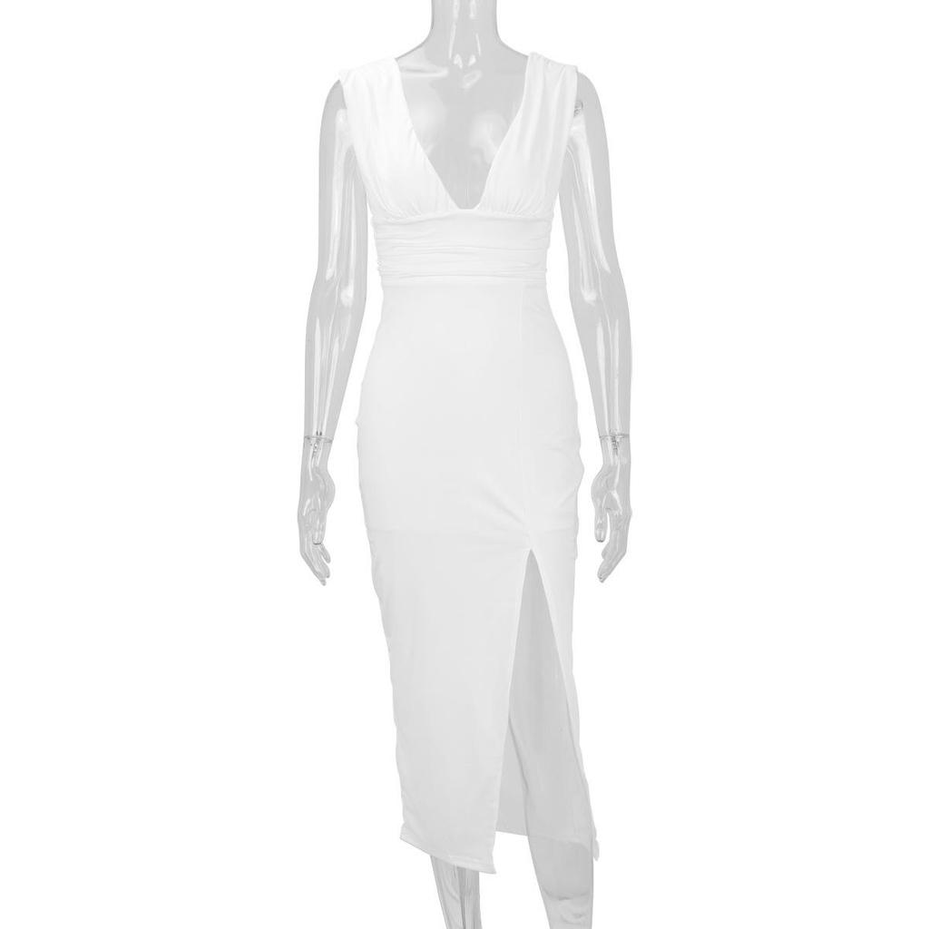 2025 Women's Summer Deep V-neck Backless Slit Dress: European & American Fashion