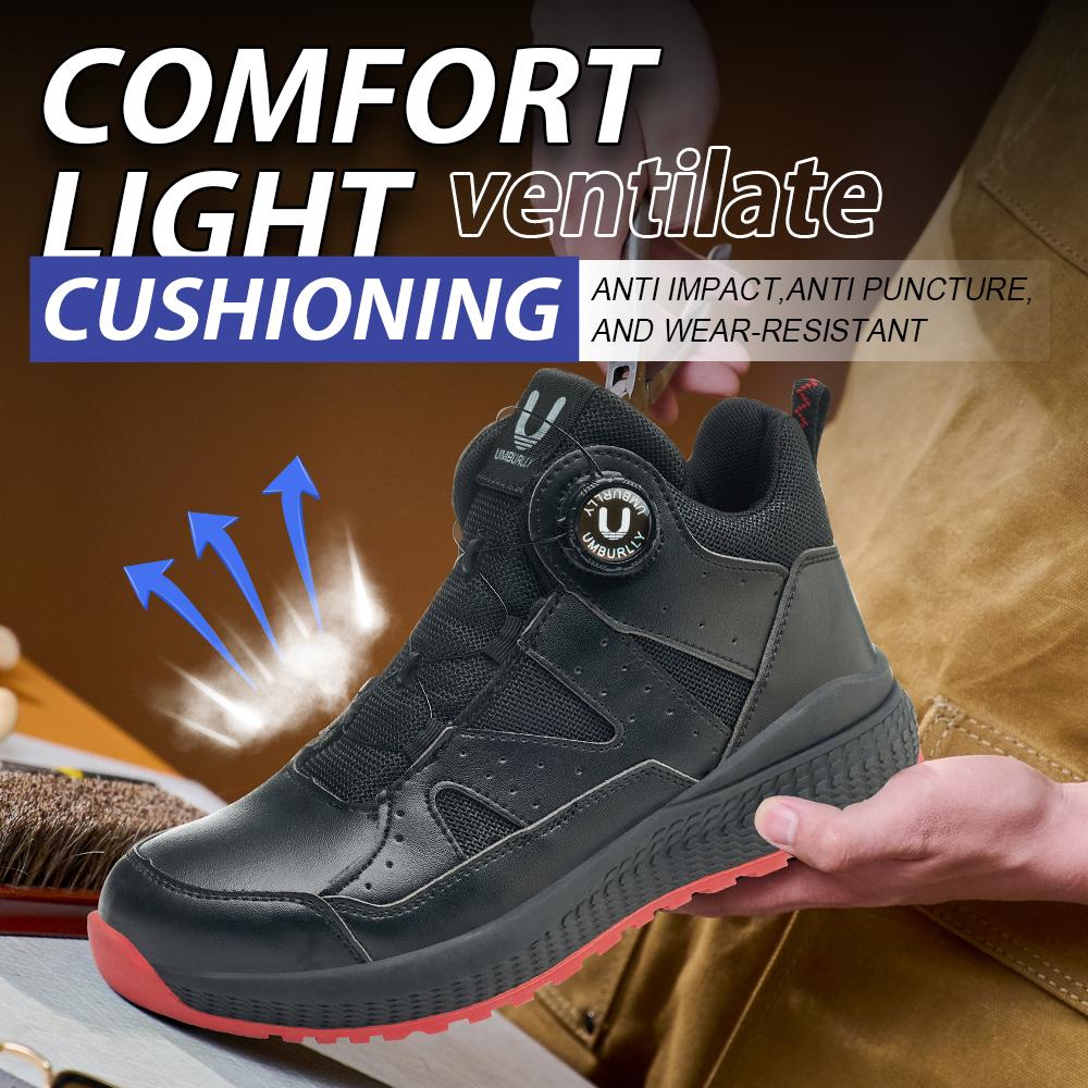 Black Leather Safety Shoes Men Steel Toe Sneakers High Top Work Shoes Rotating Button Work Boots Men's Protective Sneakers