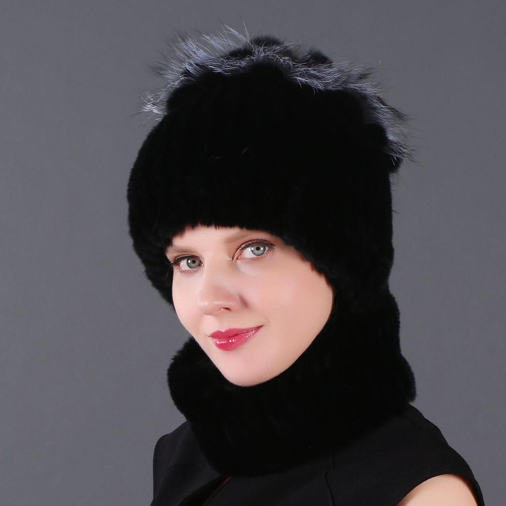 Women's New Rex Rabbit Short Dye Plus Black Fox Hair Hat Scarf Two-piece Set, Winter Warm Woven Fur Hat