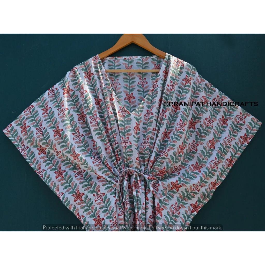 Damen Hippie Baumwolle Sommer Nachtwäsche Blumendruck Weiß Langes Maxi Kaftan Kleid CKFTN-SCRN-FULL-BUYIT-097