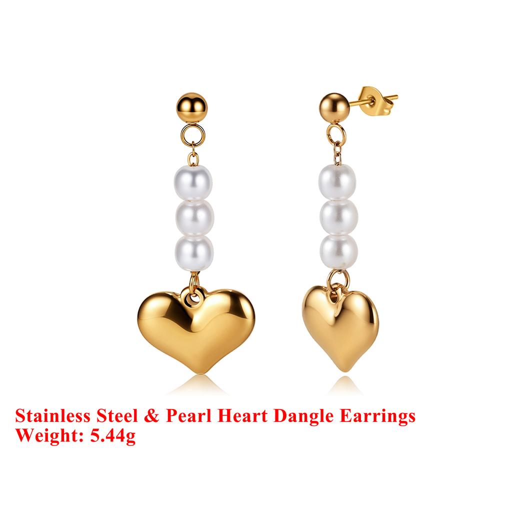 Effie Queen Stainless Steel 18k Gold Heart Style Pearl Drop Earrings Romantic Jewelry for Women Wedding Party Casual Gift STPE01