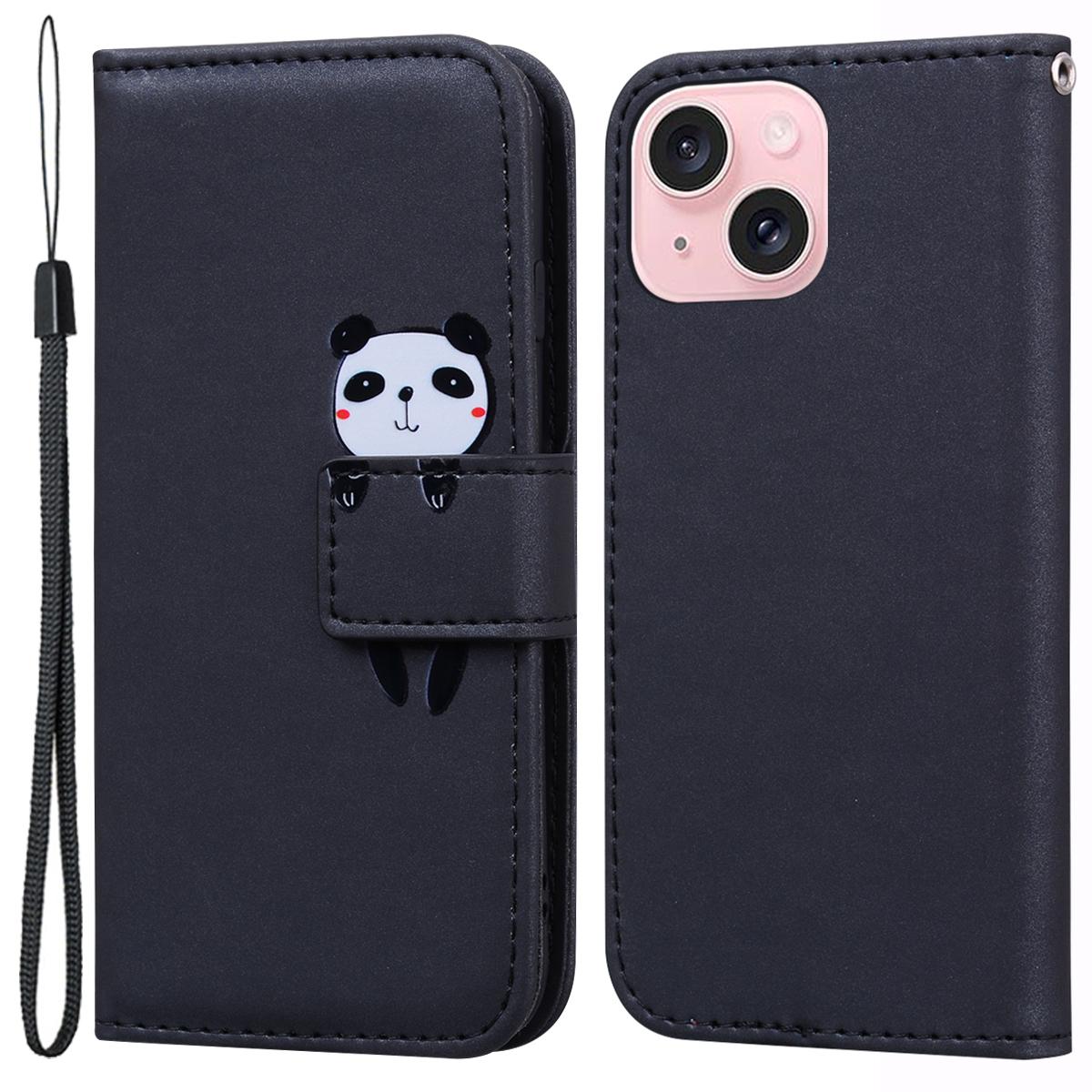 

For iPhone 15 Plus Cell Phone Case Cartoon Animal Pattern Anti-drop PU Leather Cover Black