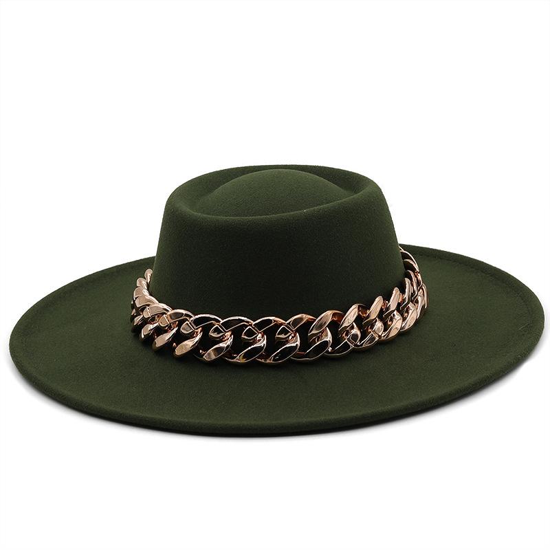 New retro ethnic style. Eaves wool woolen felt hat concave and convex top men's and women's top hats, big eaves thick gold chain hat