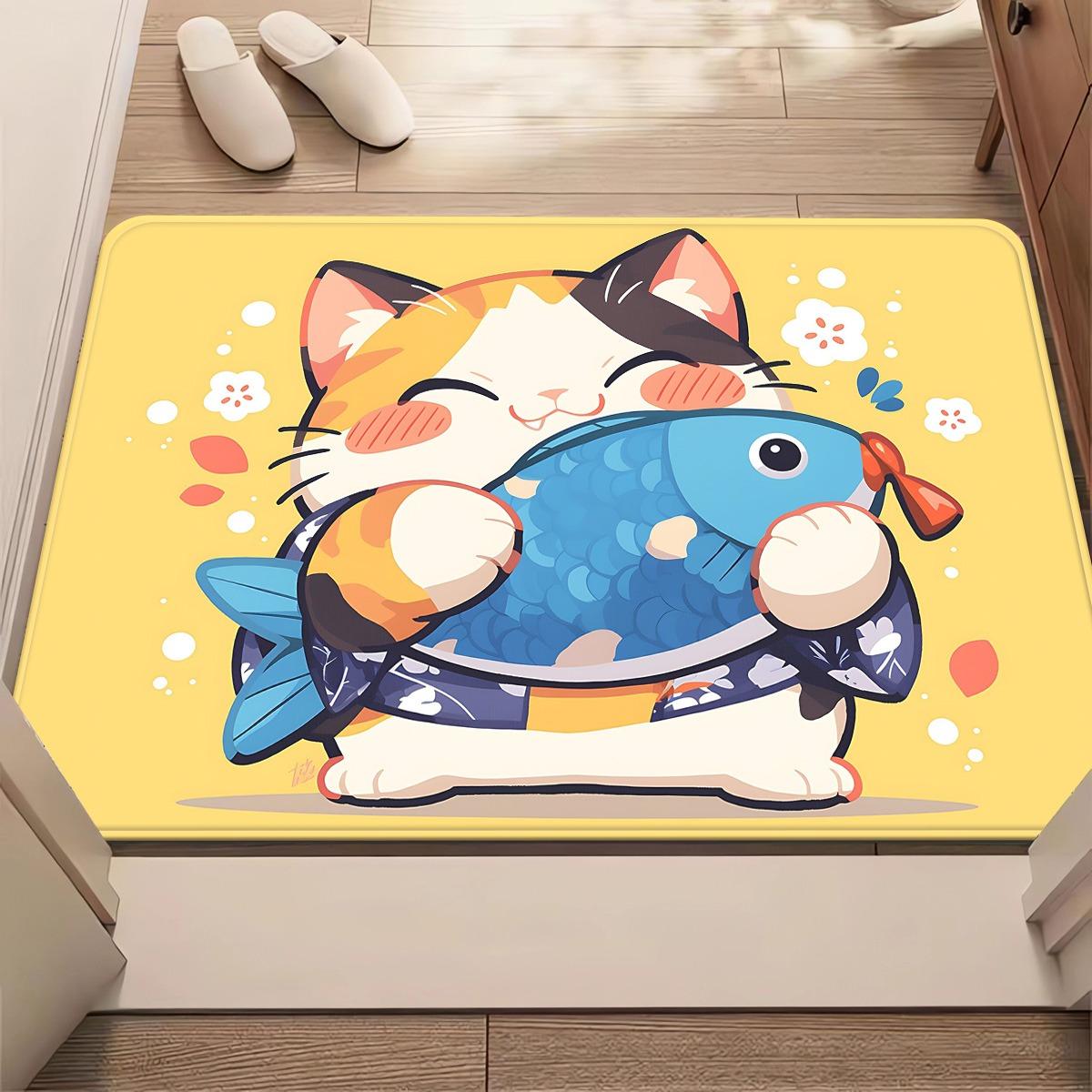 

1pc Cute Cat Holding Fish Doormat Non-Slip Absorbent Microfiber Rug for Bedroom Living Room Entryway Outdoor 40x60cm
