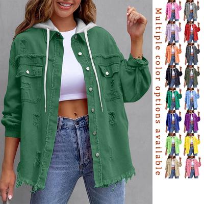 Women's Hooded Denim Jacket with Button Closure Drawstring Fringe Cuff Hem Multiple Colors
