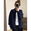 Plus Size Navy Zip-Up Stand-Collar Sweatshirt Jacket - Women's Autumn/Winter 2025 Korean Style Loose Cardigan Top