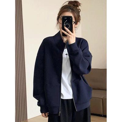 Übergröße Marineblaues Sweatshirt mit Reißverschluss und Stehkragen - Damen Herbst/Winter 2025 Koreanischer Stil Lockerer Cardigan Top