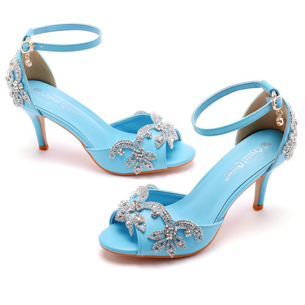 7cm Fish Mouth High Heel Sandals Shallow Mouth One-shaped Buckle Large Size Round-toe High Heels Golden Rhinestone Slim Heel Sandals