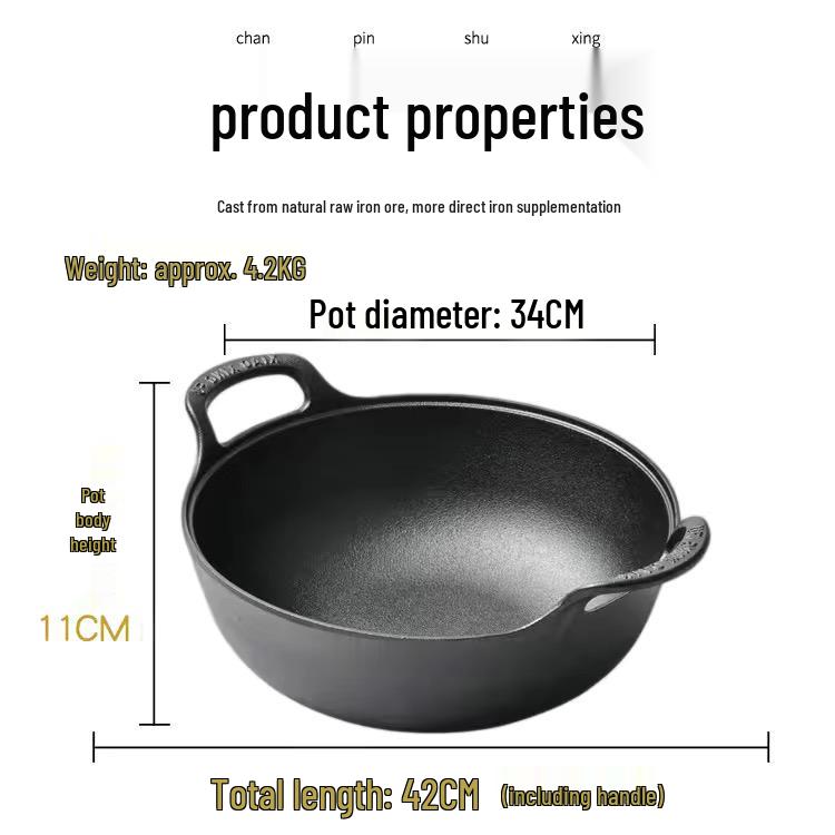 Double-Handled Cast Iron Pot for Stew and Soup, Coating-Free, Induction and Gas Compatible, Thickened Flat-Bottom Frying Pan.