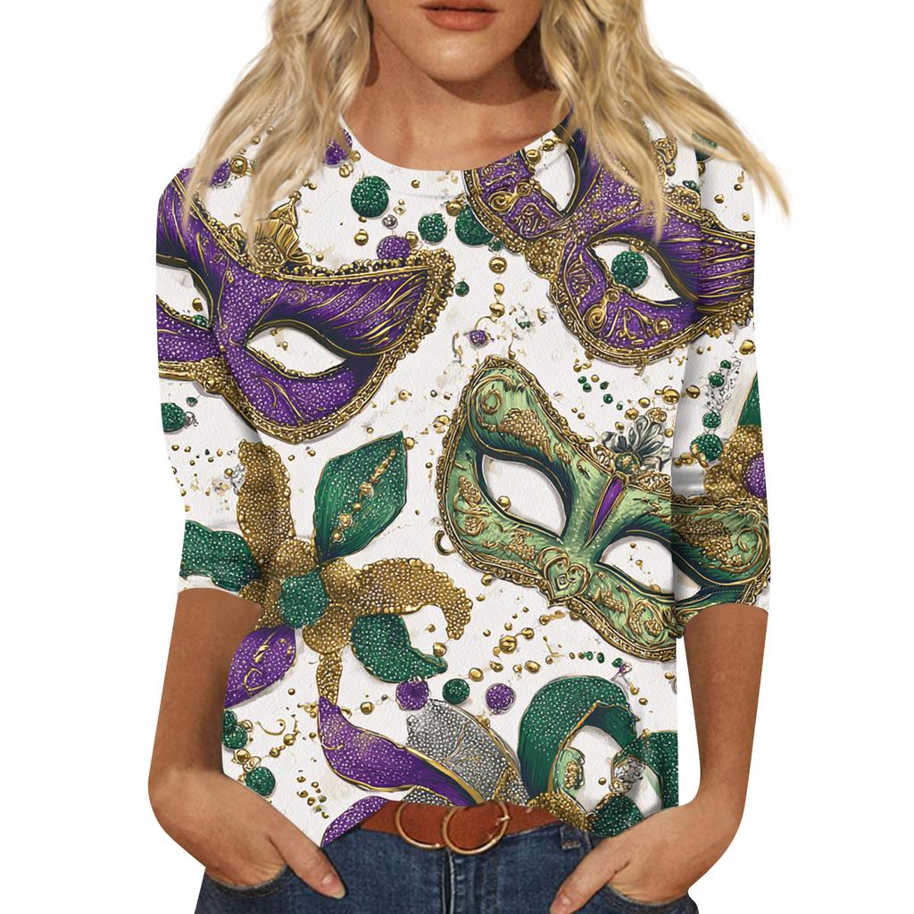 Women's Fashion Casual Round Neck Three-quarter Sleeve Carnival Print T-shirt Top