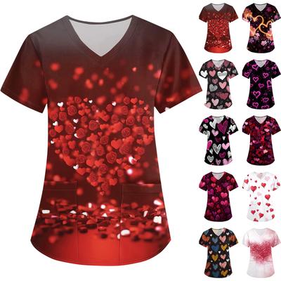 Uniforme/ Uniforme d'aide-soignante pour femme à imprimé Saint-Valentin, ample, col en V, poche, manches courtes