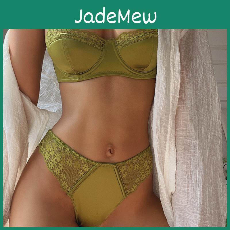 Embroidery Underwear Sexy French Lace Satin Thin Cup Push Up Bra Set Women Romantic Bralette Summer Green Breathable Lingerie