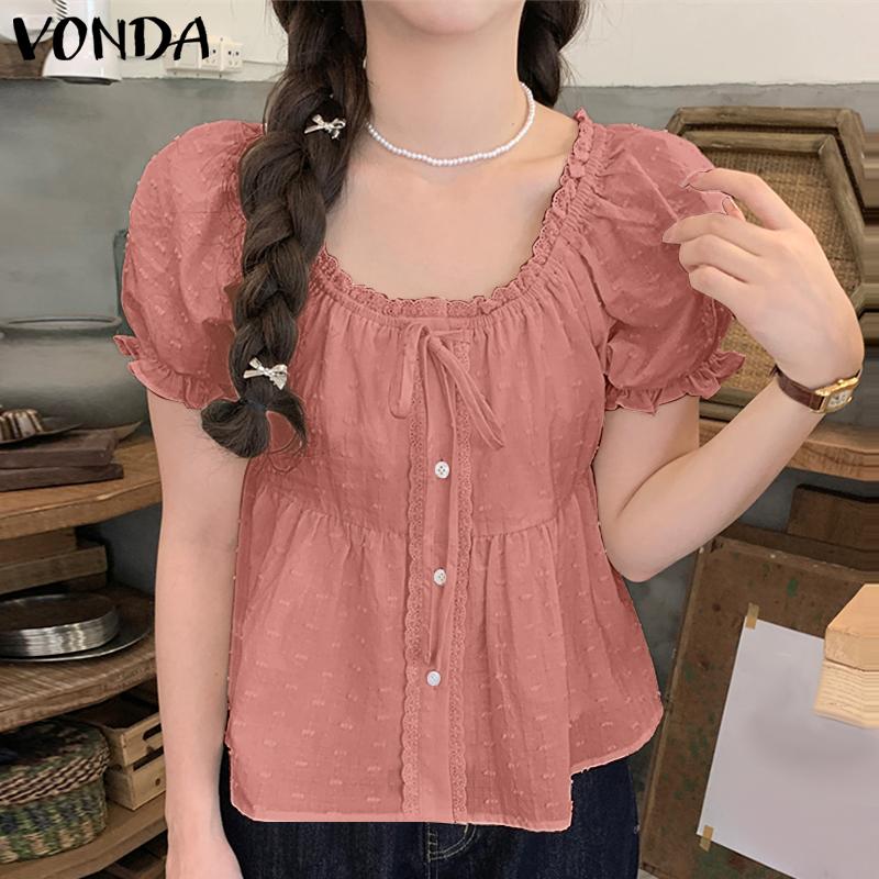 

VONDA Women Summer Puff Sleeve Irregular Texture Ruffled Casual Blouse 3XL розовый
