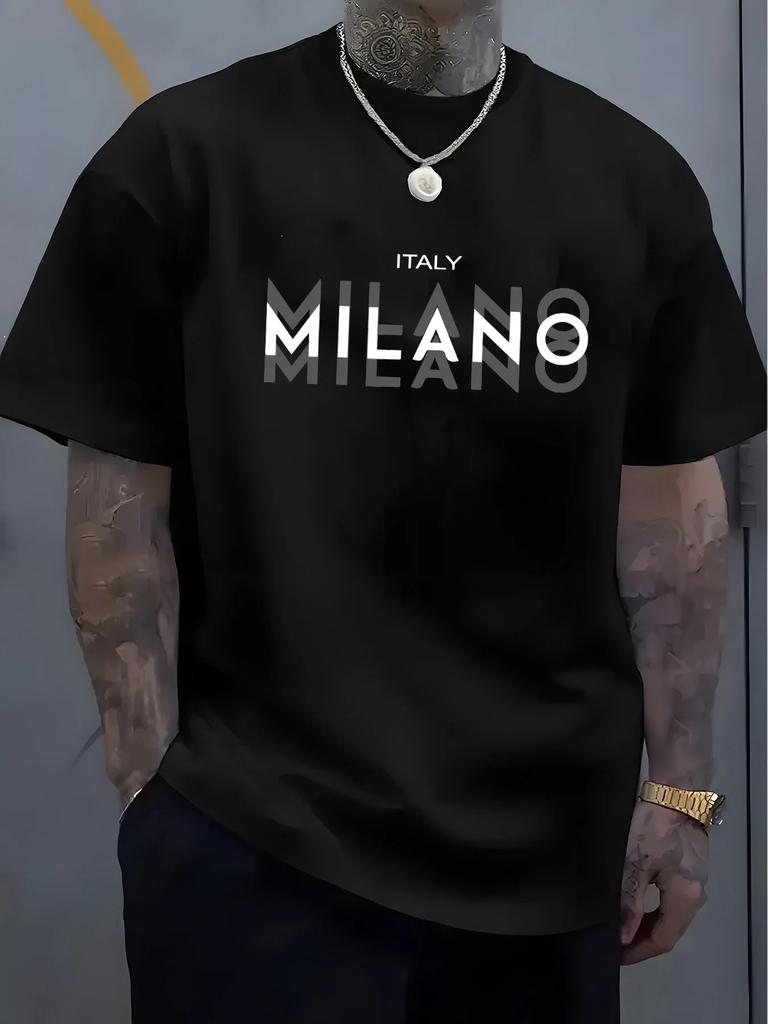 2025 Summer Men's 100% pure cotton Italian Milan pattern printed comfortable round-neck short-sleeved T-shirt top