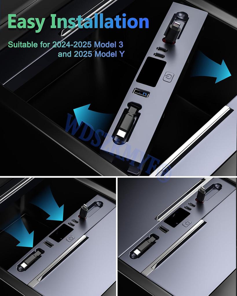 For Tesla Model 3 2025-25 / 2025 Model Y 65W USB Shunt HUB 5 IN 1 Intelligent Docking Station Car Adapter Powered Fast charging