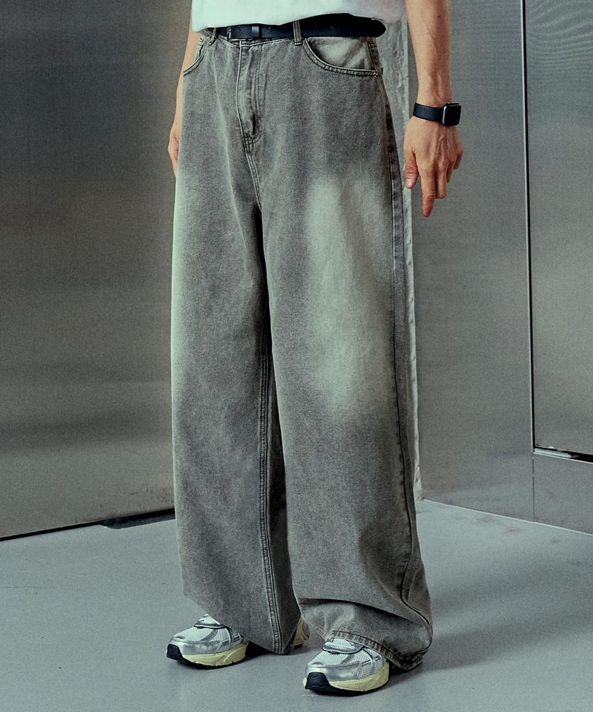 NP STUDIO Vintage Natural Wash Wide Denim Pants Gray