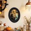 Rustic Autumn Home Accents Halloween Gothic Oval Wooden Hanging Plaque, Vintage Framed Black Cat Little Minimalist Horror Themed Decor Ghost