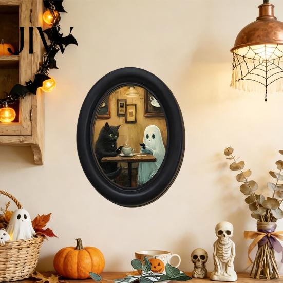 Rustic Autumn Home Accents Halloween Gothic Oval Wooden Hanging Plaque, Vintage Framed Black Cat Little Minimalist Horror Themed Decor Ghost