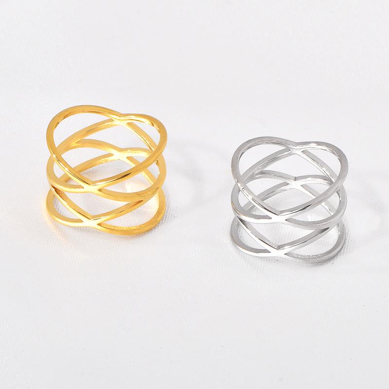Stainless Steel Women's Double Crossover Ring Band with Cutout Design