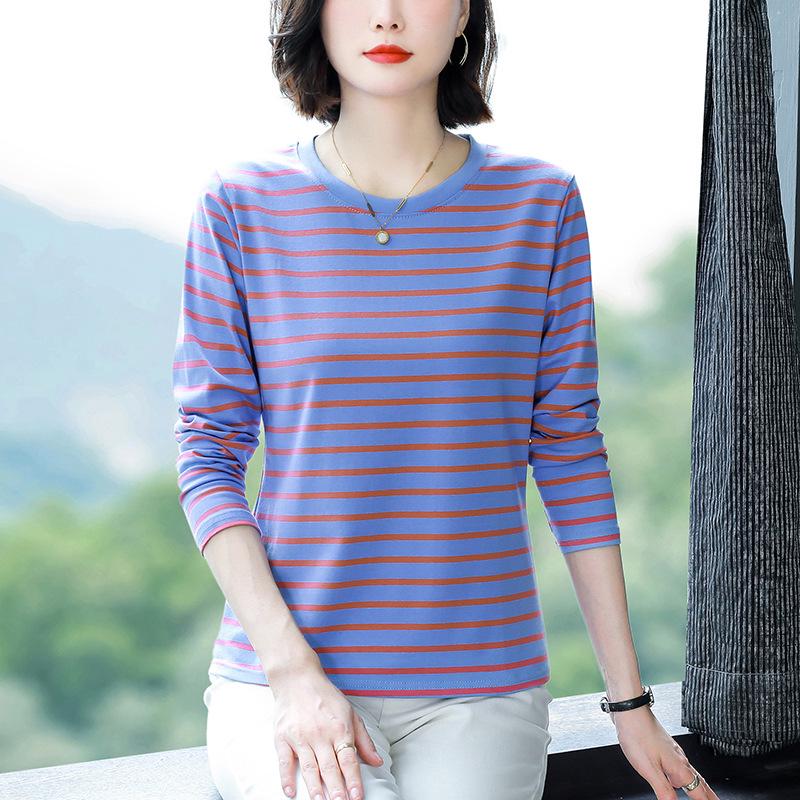 

Новая осенняя полосатая хлопковая футболка свободного кроя с длинным рукавом для женщин среднего возраста XL (121-135 lbs)