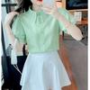 Elegant Beaded Mesh Puff Sleeve Lace Shirt Women Summer Versatile Hollow Out Cardigan Top