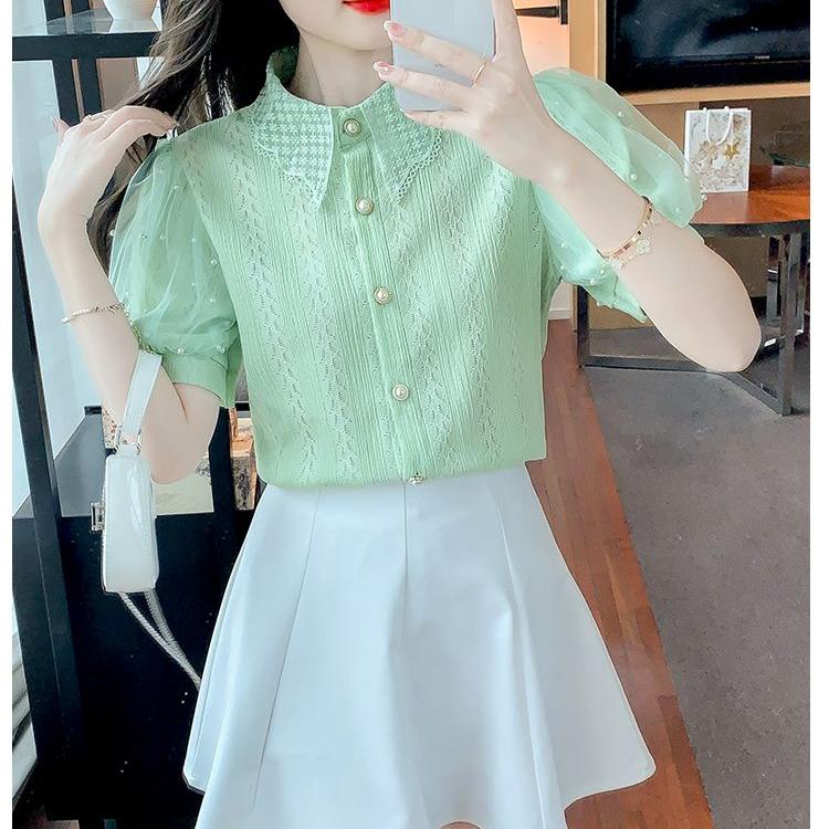 Elegant Beaded Mesh Puff Sleeve Lace Shirt Women Summer Versatile Hollow Out Cardigan Top