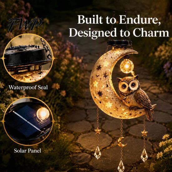 Crescent Moon Owl Solar Lanterns Owl/Cat Hanging Light, Outdoor Garden Wind Chime with LED Powered Lawn Decoration Lamps Waterproof Resin Decorative