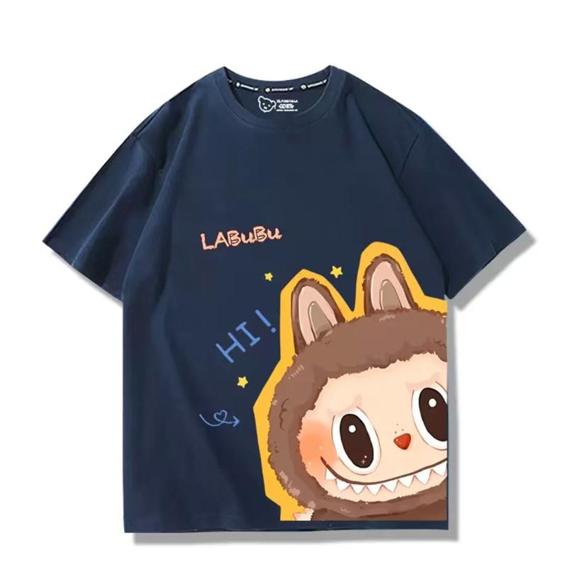 Women's Cotching Cute Cartoon Labubu Anime Printed Round Neck Women's Short Sleeve T-shirt Loose Summer Casual Couple Top
