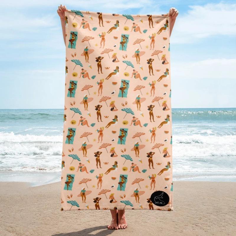 Cartoon Summer Beach People Print Beach Towel Illustration Quick Dry Sand-Free Lightweight Absorbent Beach Blanket for Swimming