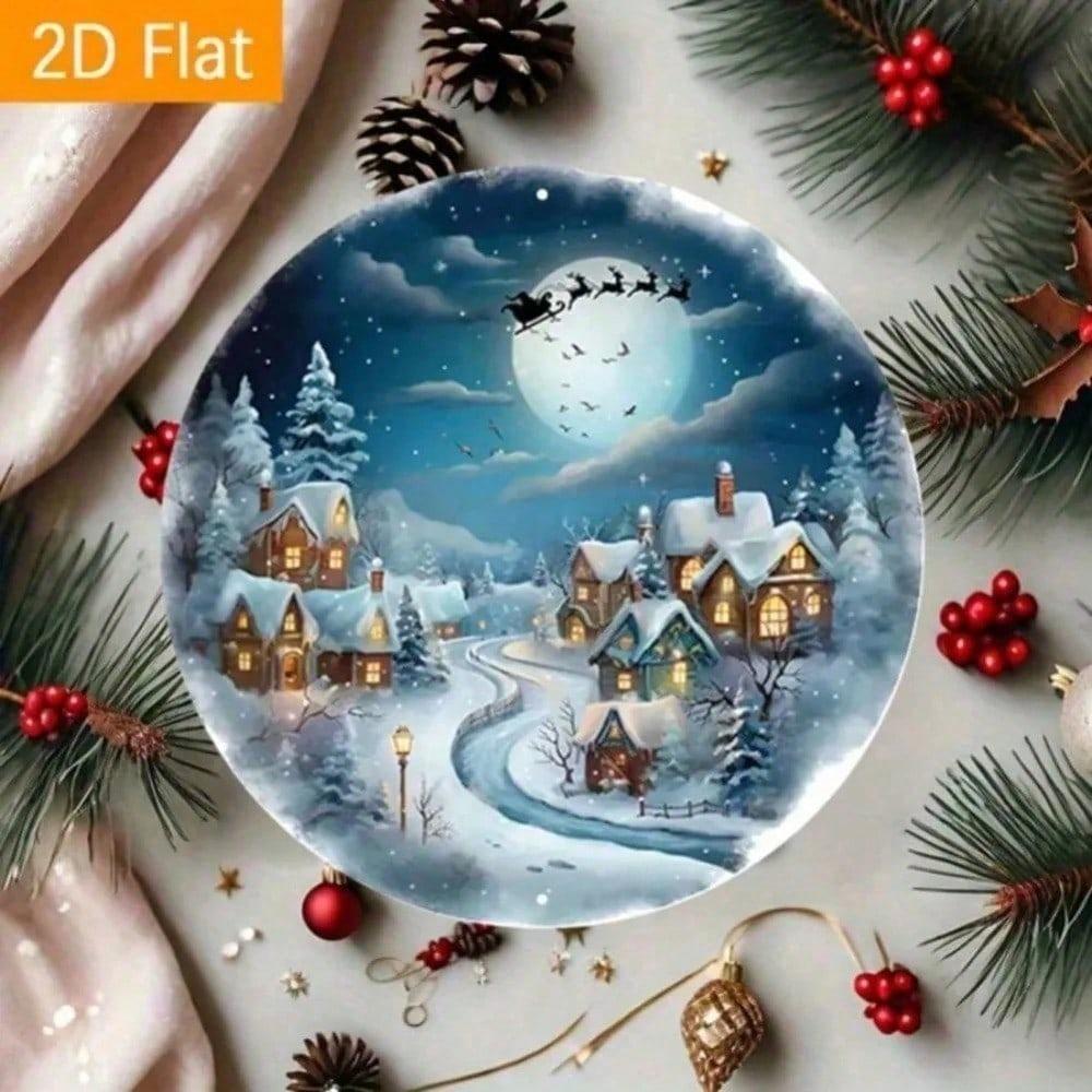 Rustic Metal Round Wreath 8x8 Inch Santa Moon Winter Scene Christmas Wall Art Home Decor