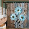 Farmhouse Floral Shower Curtain, Rustic Country Wooden Daisy Flower Shower Curtains for Bathroom, Vintage Blue Fabric Shower