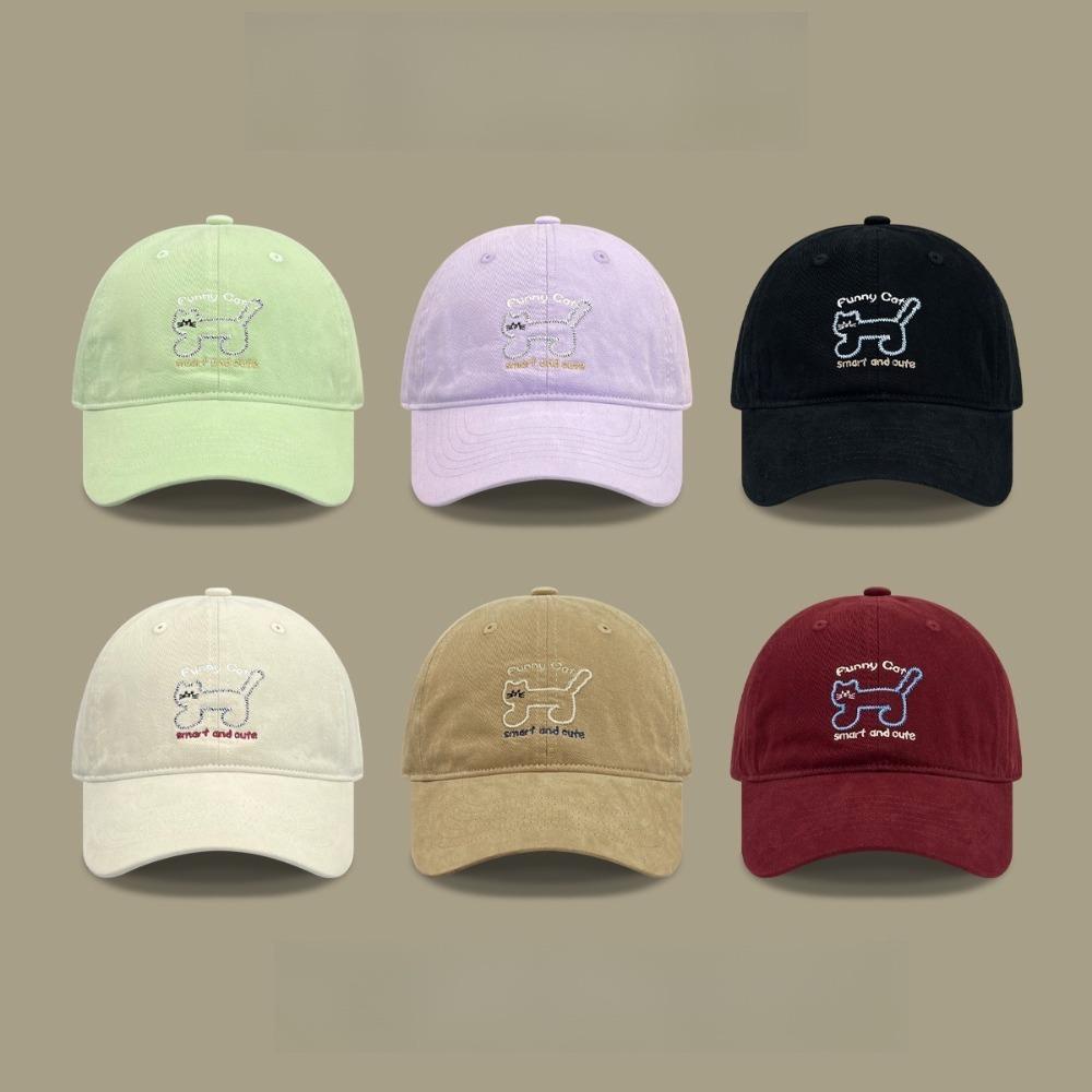 Korean Style Sunscreen Baseball Cap Adjustable Cotton Peaked Hat Cat Embroidered Cap  Unisex