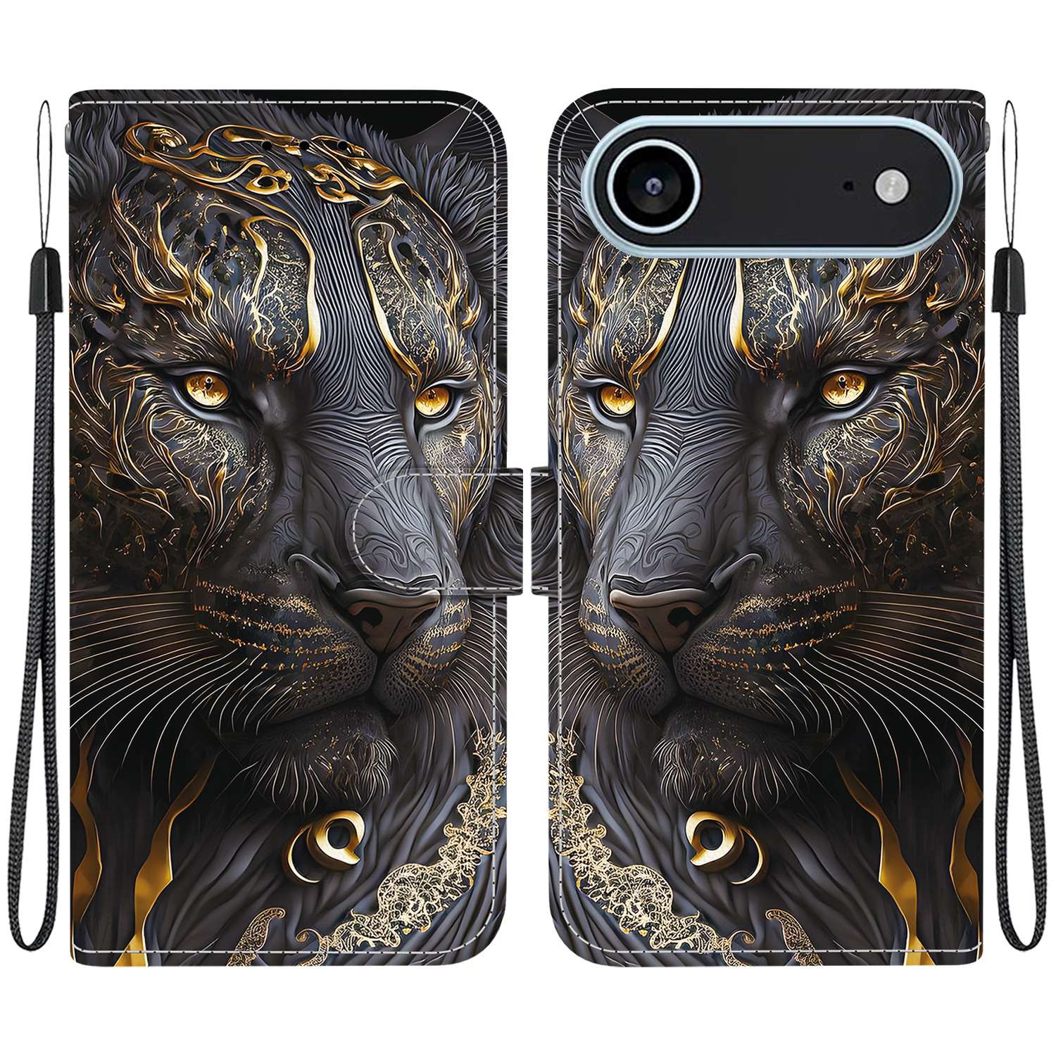 For iPhone Air Leather Case Stand Wallet Pattern Printing Phone Cover with Wrist Strap F