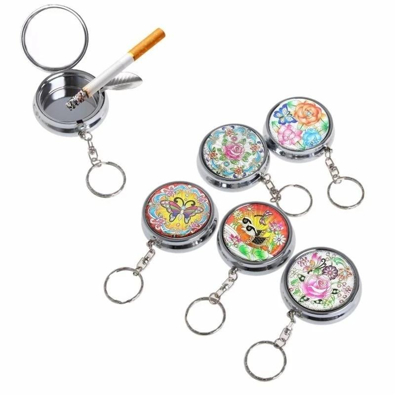 Useful Portable Pocket Stainless Steel Round Cigarette Ashtray with Keychain AU(Color Random)