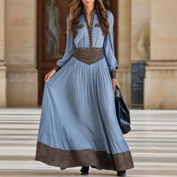 New autumn women's clothing long-sleeved long dress leopard print splicing dress European and American women's clothing