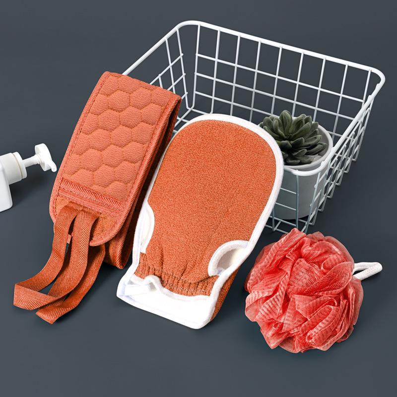 Adult Bathing Set: Towel, Long Back Scrubber, Exfoliating Mitt, and Bath Ball