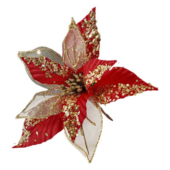 11" Christmas Artificial Flowers Glitter Sequins Poinsettia Flower Fabric Fake Flower Picks for Xmas Tree Ornament Wedding Birthday Wreath Decoration