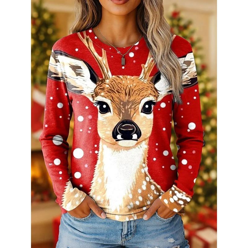 Women's Vintage Reindeer Print Long Sleeve T-shirts Christmas Party Round Neck Holiday Gift Top Fall Winter Festive Style