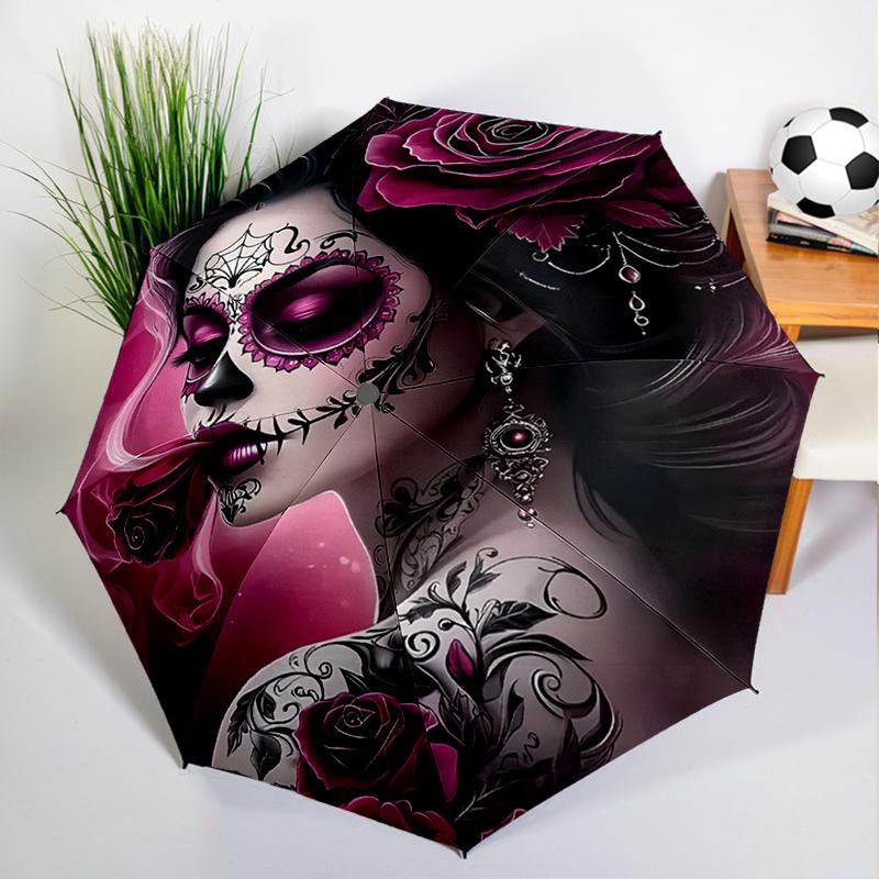 Sugar Skull Rose Umbrella Automatic Open/close, Sturdy Iron Frame & 8-Rib Structure, Umbrella for Women & Men, Christmas Gifts