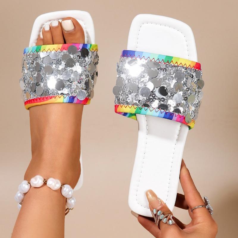 Flat-bottomed sequined cool slippers women's summer new square head wear large size 44 one-word slippers