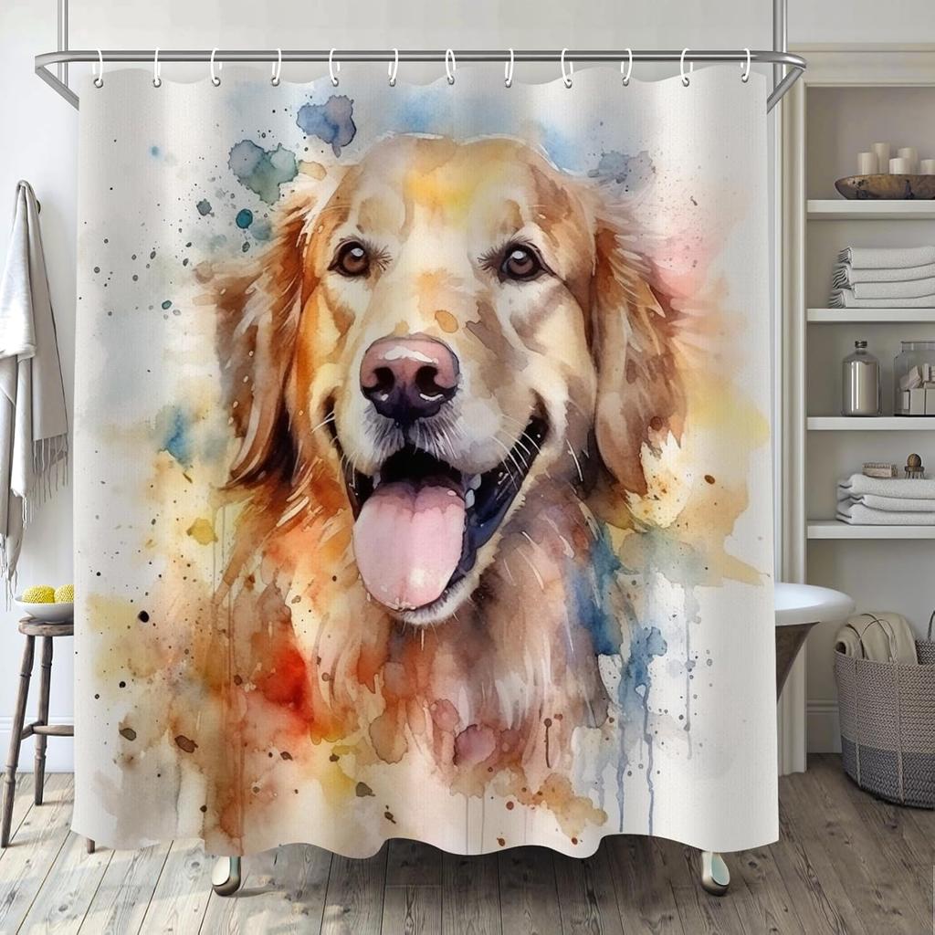 Golden Retriever Duschvorhang für Badezimmer, Hund Farbspritzer Aquarell Boho Duschvorhang Set, Abstrakt Stoff Modern