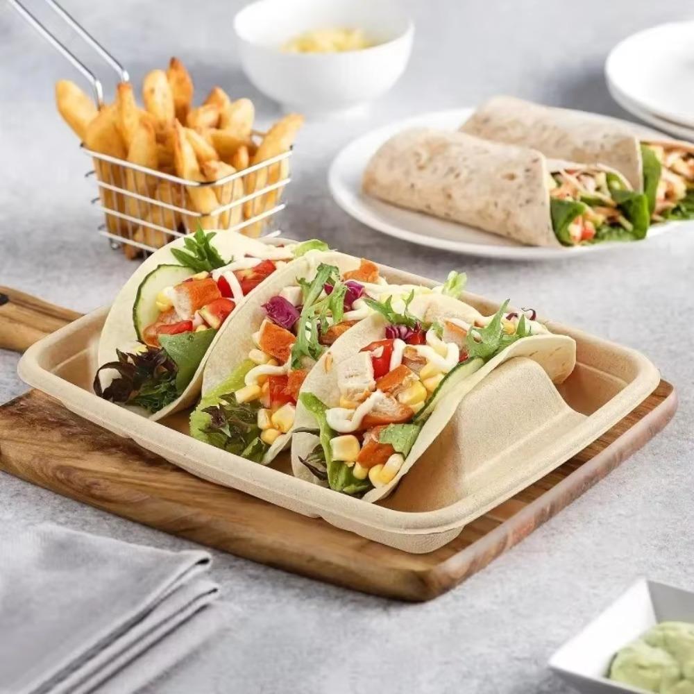 50Pcs 3 Compartments Disposable Taco Plates with Lid Taco Serving Tray Taco Holder  Restaurant