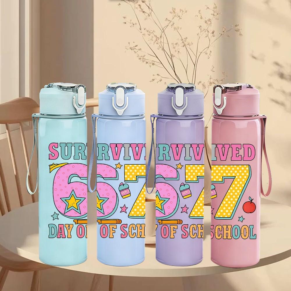 1PC Survived 67 First Day Of School Letter 750ml Color Plastic Sports Water Bottle Leakproof Flip Straw Lid Suitable for Sports Office Home Use