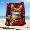 1pc Cat Floral Print Print Outdoor Blanket, Lightweight Polyester,