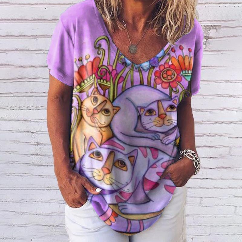 Kawaii Cute 3D Printed Cat Women's T-shirt Women's Clothing Short Sleeve V-neck Summer T-shirt