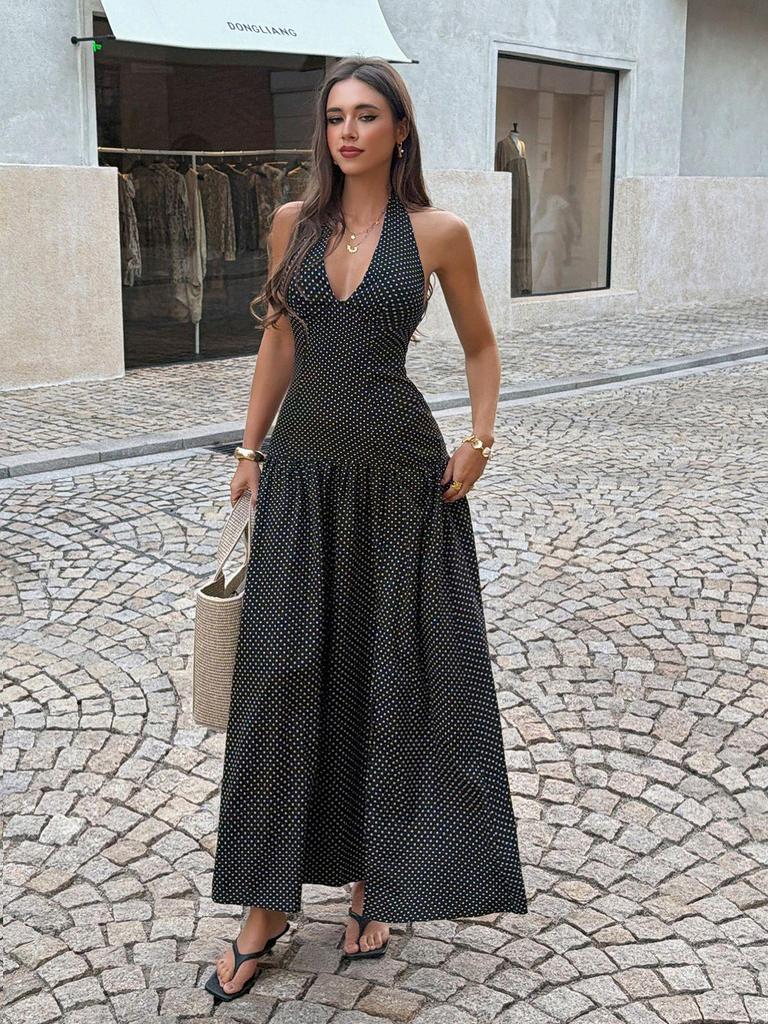 European & American Elegant Retro Polka Dot Halter Long Dress - Women's Spring/Summer 2026 Collection