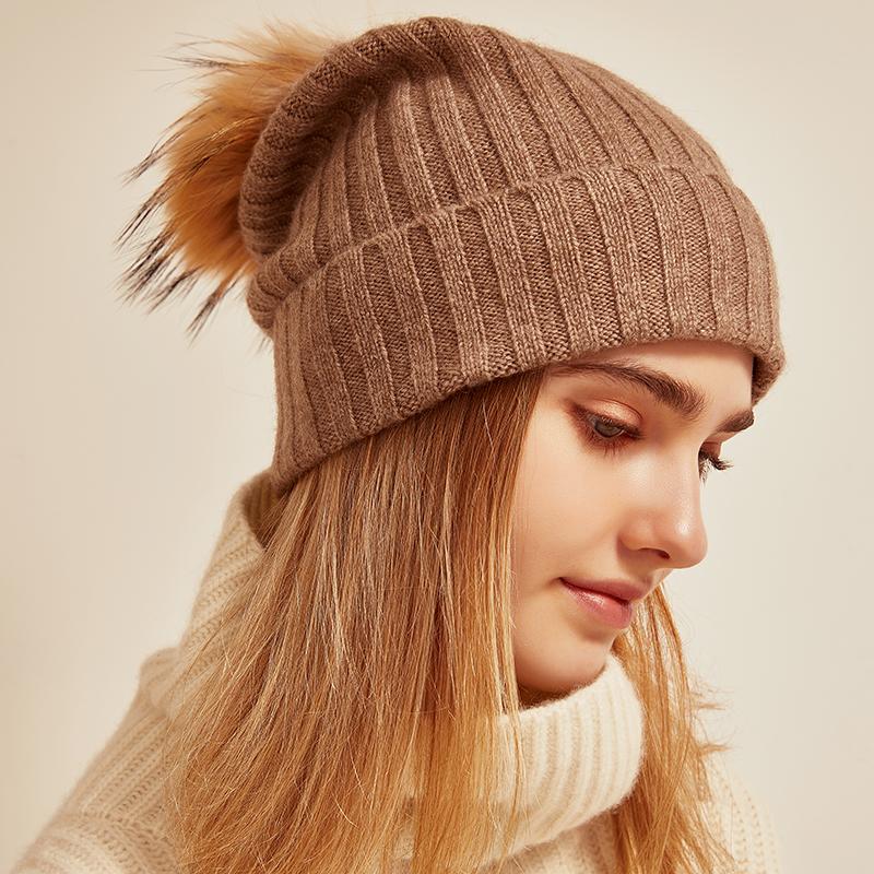 100% Cashmere Custom Women Winter Hat Luxury Cute Knit Beanie Caps With Custom logo