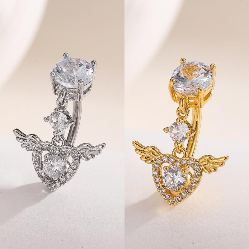 Fashion Zircon Heart Angel Wings Belly Button Ring Crystal Flower Navel Ring Barbell For Women Girls Belly Piercing Body Jewelry